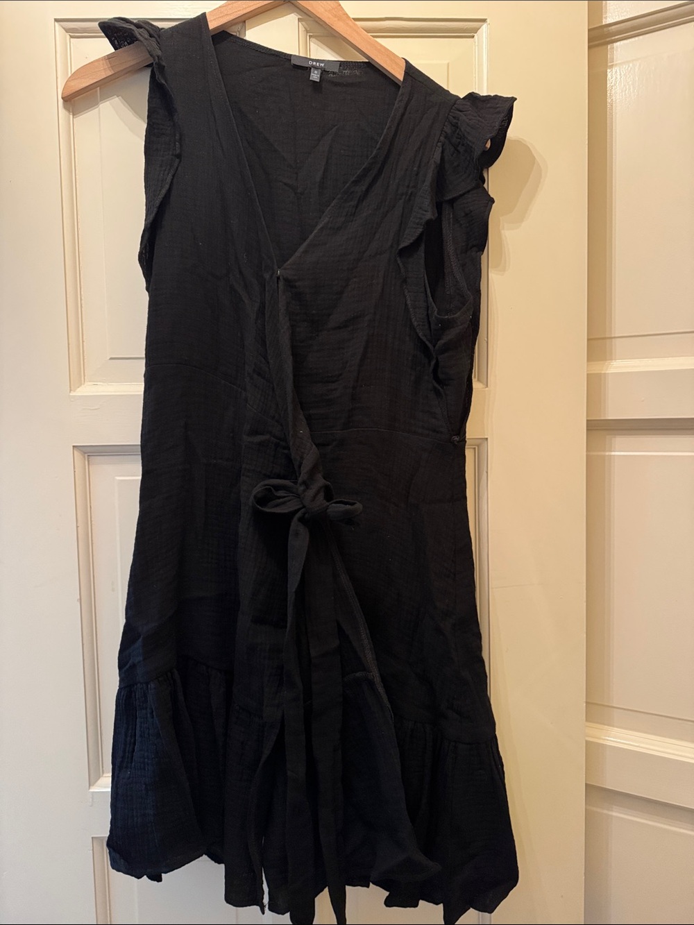 DREW Black Wrap Tie-Waist Ruffle Mini Dress